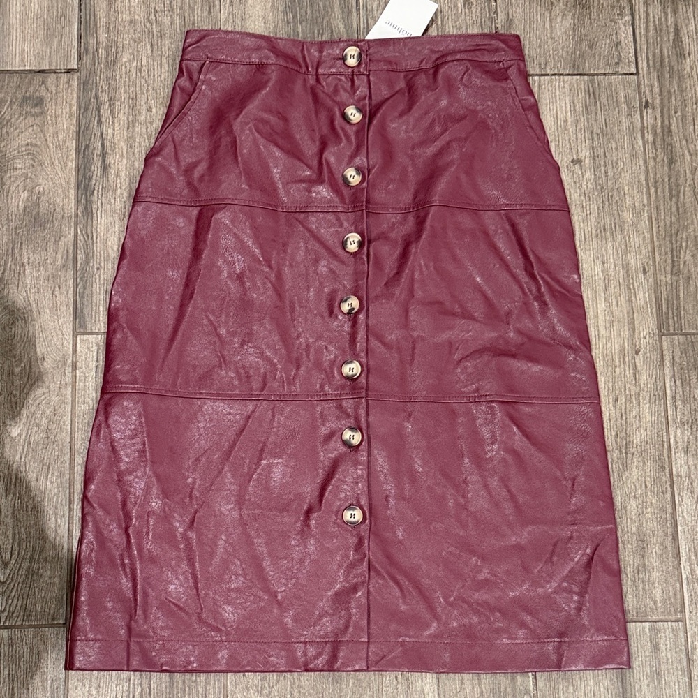 NWT Bohme Burgundy Button-Front Vegan Leather Skirt